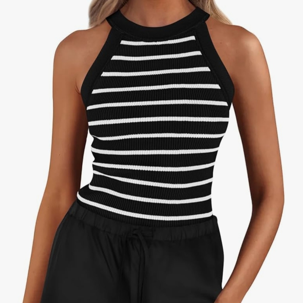 Black and White Striped Halter Top